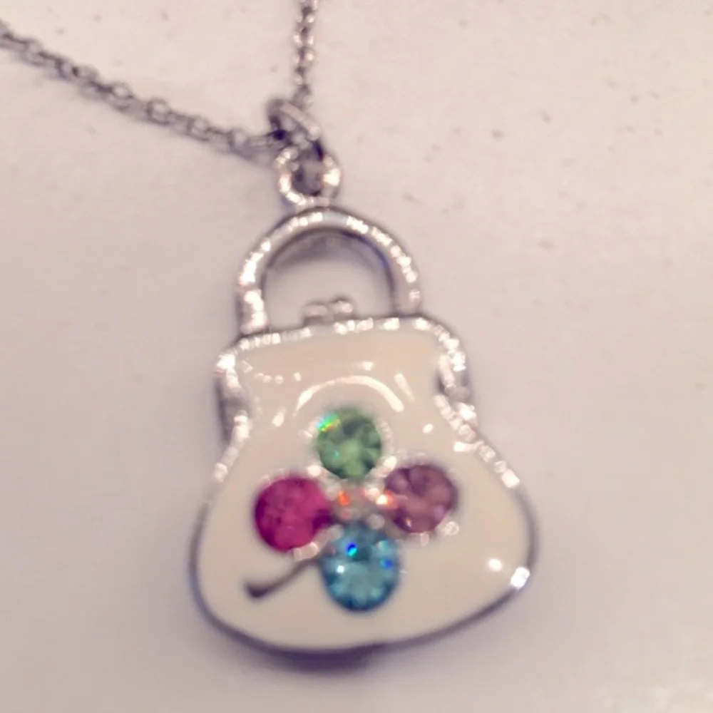 Vintage White Enamel Sterling Silver Rhodium Plated Crystal Purse Necklace